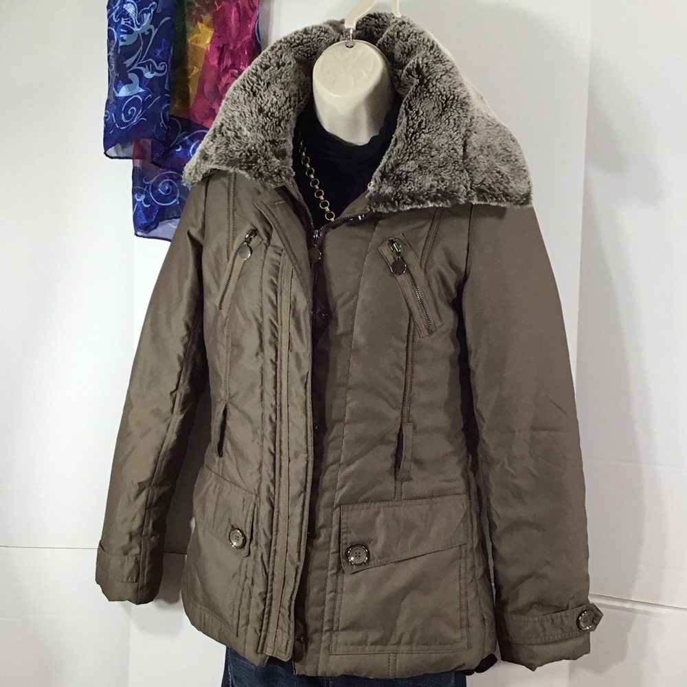 Orsay green Brown zip front Jacket with Faux Fur Collar S